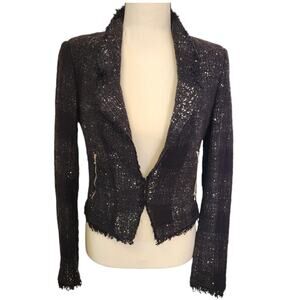 MSGM Black Sparkle Luxury Tweed Fringe Cropped Blazer Jacket Made Italy Size 4